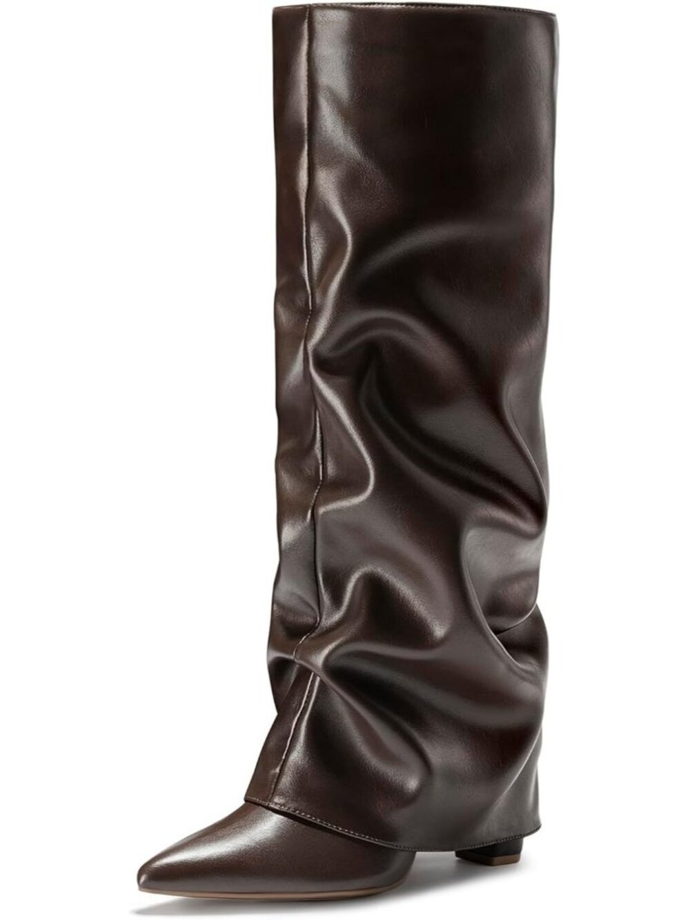 Women's Brown Pull on Shark Slouchy Fold Over Tall Block Pointed Toe High Boots